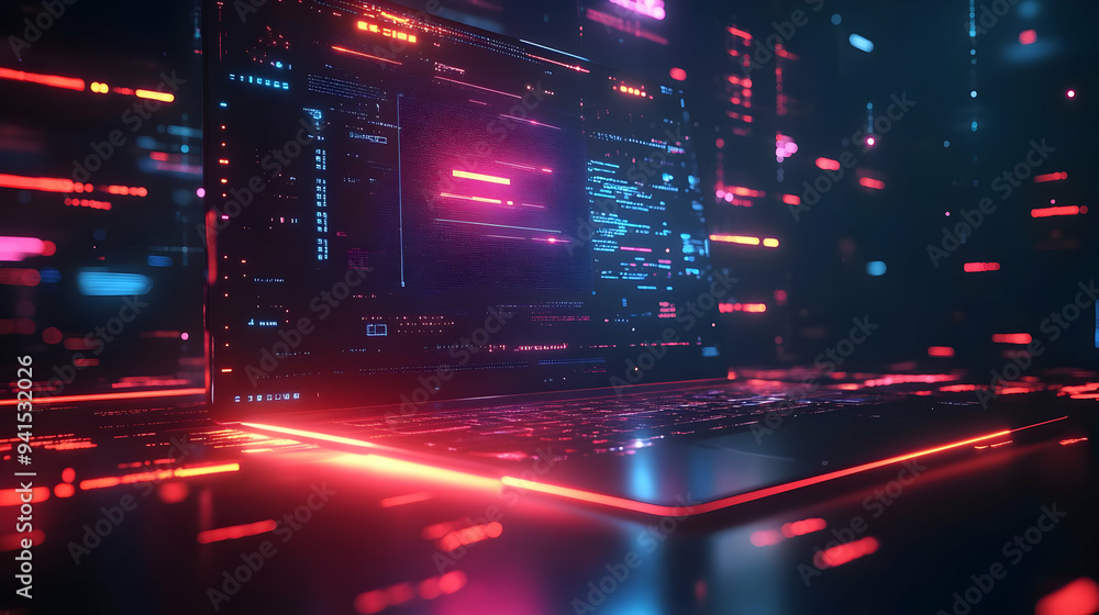 Poster 3D Icon as Laptop with holographic AI QA and improvement icons concept as Camera movement Pan across the laptop screen with a focus on glowing holographic AI QA and improvement icons. Scene A modern w