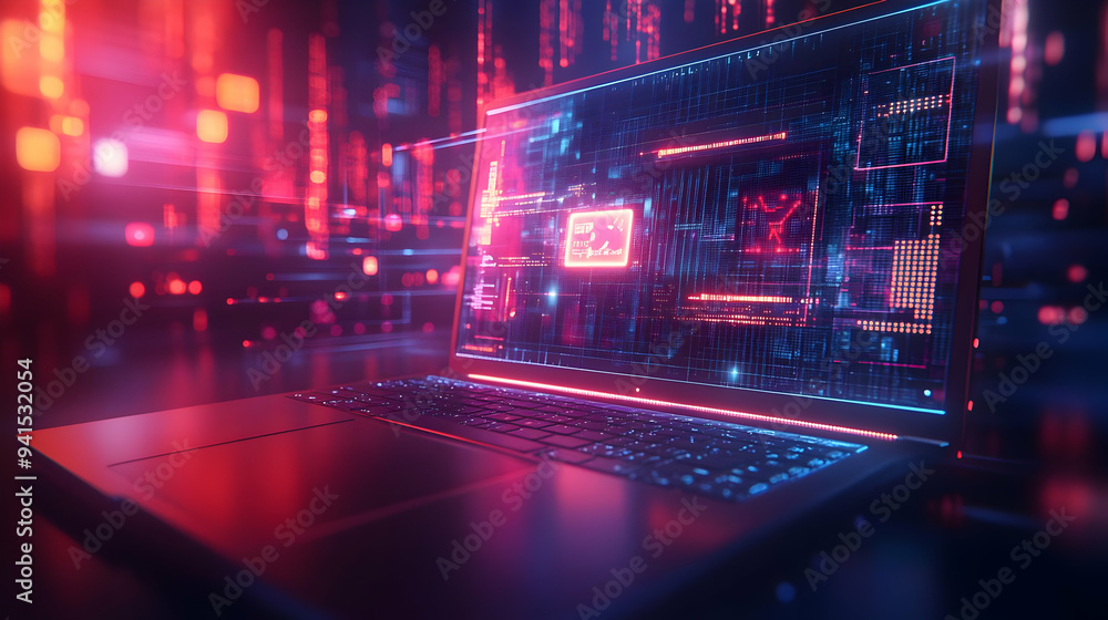 Poster 3D Icon as Laptop with holographic AI QA and improvement icons concept as Camera movement Pan across the laptop screen with a focus on glowing holographic AI QA and improvement icons. Scene A modern w