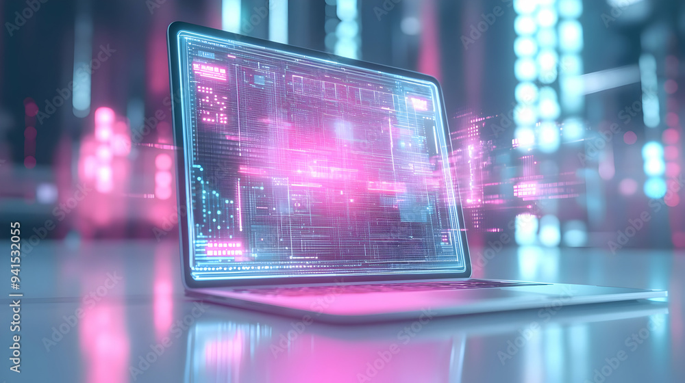 Poster 3D Icon as Laptop with holographic AI QA and improvement icons concept as Camera movement Pan across the laptop screen with a focus on glowing holographic AI QA and improvement icons. Scene A modern w