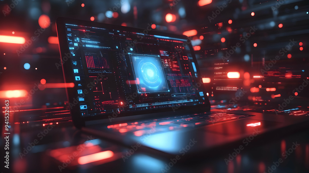 Poster 3d icon as laptop with holographic ai qa and improvement icons concept as camera movement pan across