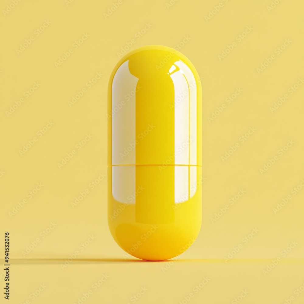 Poster a 3d simple style icon of a glossy yellow pill with a reflective surface and a faint shadow isolated