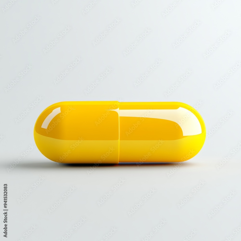 Poster a 3d simple style icon of a glossy yellow pill with a reflective surface and a faint shadow isolated