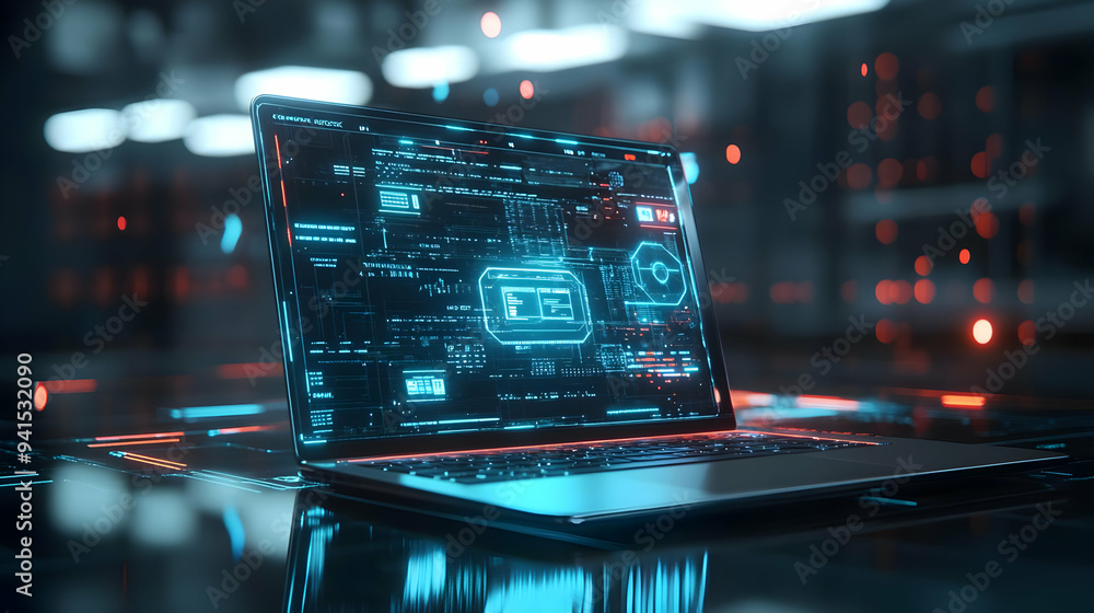 Poster 3D Icon as Laptop with holographic AI QA and improvement icons concept as Camera movement Pan across the laptop screen with a focus on glowing holographic AI QA and improvement icons. Scene A modern w