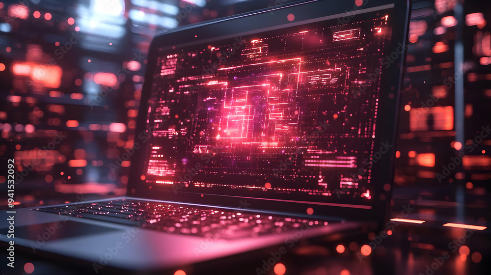Poster 3D Icon as Laptop with holographic AI QA and improvement icons concept as Camera movement Pan across the laptop screen with a focus on glowing holographic AI QA and improvement icons. Scene A modern w