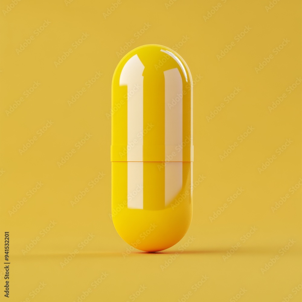 Poster a 3d simple style icon of a glossy yellow pill with a reflective surface and a faint shadow isolated