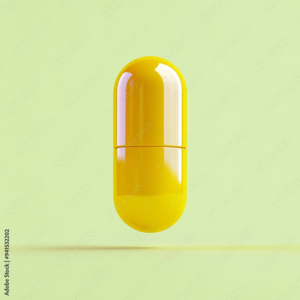 Poster a 3d simple style icon of a glossy yellow pill with a reflective surface and a faint shadow isolated