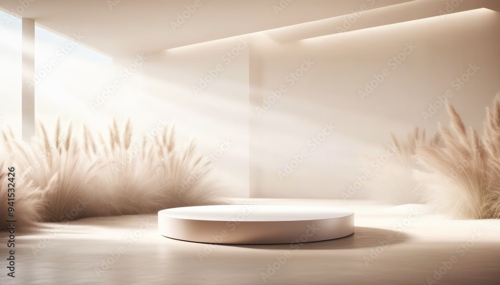 Poster the indoor area showcases a circular platform at the center, surrounded by fluffy pampas grass. soft