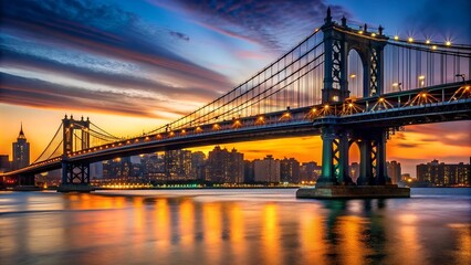 Naklejka premium A Dramatic View of New York City's Iconic Bridge Against a Twilight Sky Generative AI