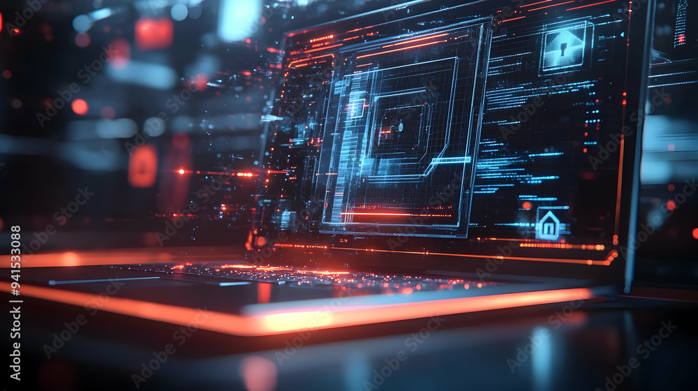 Poster 3d icon as laptop with holographic encryption and firewall icons concept as camera movement pan acro