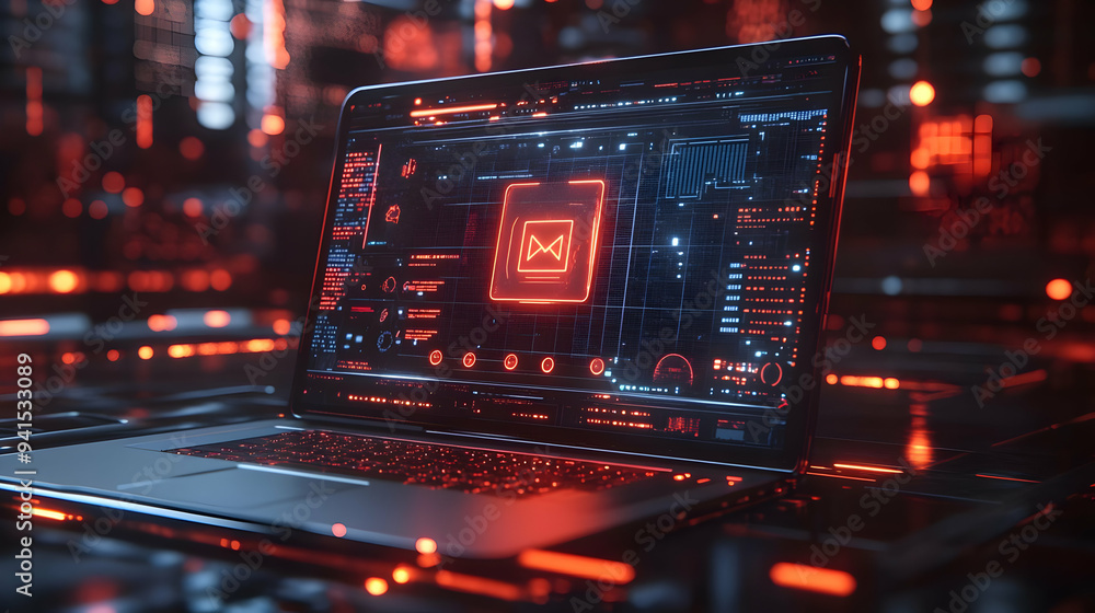Poster 3d icon as laptop with holographic encryption and firewall icons concept as camera movement pan acro