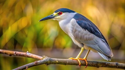 Obraz premium A close up photo of a black crowned night heron perched on a branch in Eurasia with its distinctive black and gray feathers red eyes and long legs, plumage, waterbird, ornithology, branch
