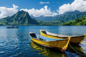 Obraz premium A serene scene with two yellow boats sitting atop the calm waters of a lake, perfect for use in travel or nature-themed projects