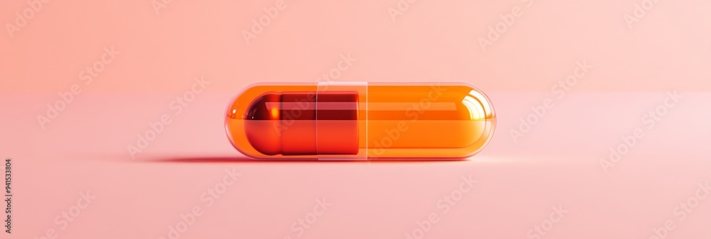 Aufkleber a 3d simple style icon of a transparent orange capsule with liquid inside and a soft shadow below sy