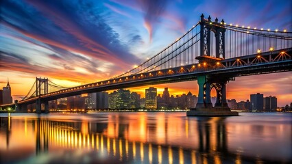 Fototapeta premium Manhattan Bridge Silhouette at Dusk, a Tapestry of City Lights AI generated