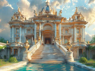 Naklejka premium Extravagant Neo-Baroque Palace with Golden Details, Grand Staircase, Ornate Columns, Pool, Sunny Day, and Opulent, Majestic Atmosphere.