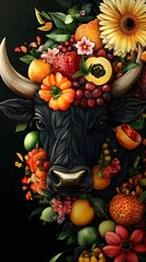 Naklejka premium Bull Head with Tropical Fruits and Flowers