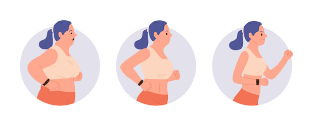 Isolated round composition set with experienced woman cartoon characters running for weight losing