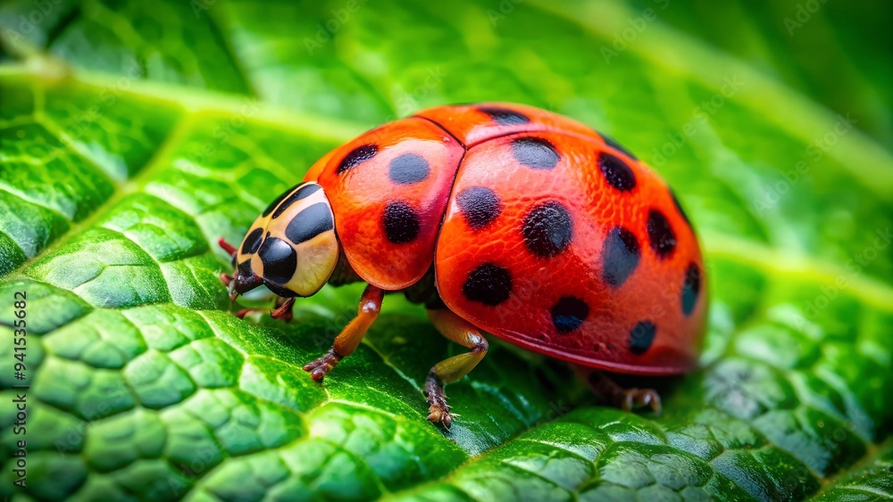 Aufkleber a tiny world: a macro view of a ladybird beetle resting on a green leaf generative ai