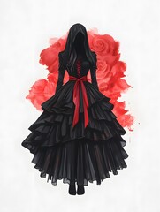 Naklejka premium Mysterious Woman in Black Dress and Red Roses