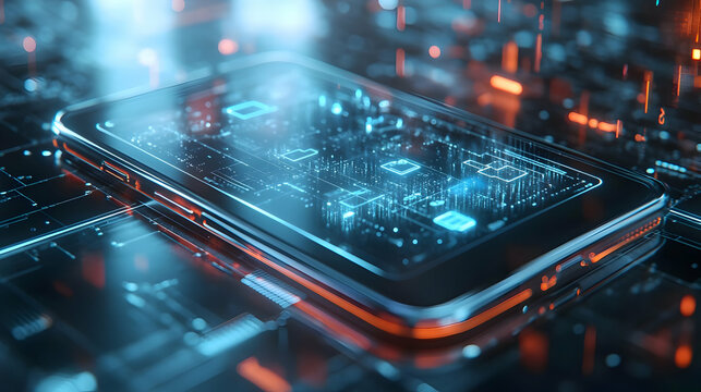 3D Icon as Mobile phone with holographic cyber security icons concept as Camera movement Rotate around the mobile phone with a focus on glowing holographic cyber security icons. Scene A tech savvy env