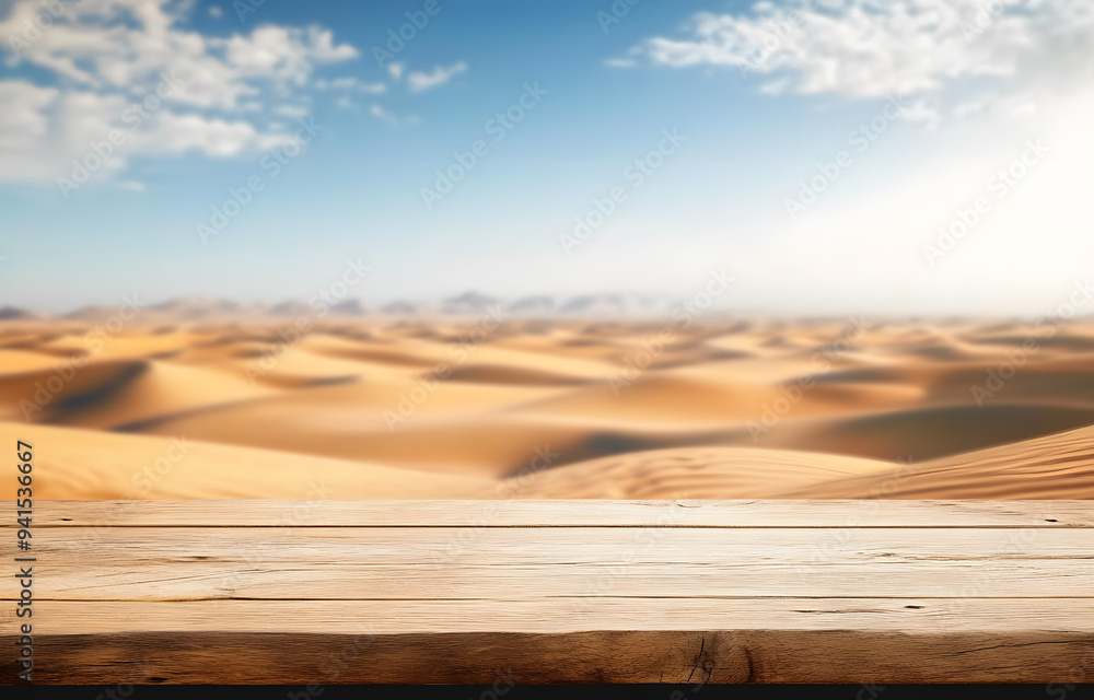 Poster wooden table top on blur desert background.hot weather and drink somethings for fresh.juice and cold