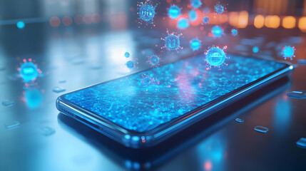 3D Icon as Mobile phone with holographic cyber security icons concept as Camera movement Rotate around the mobile phone with a focus on glowing holographic cyber security icons. Scene A tech savvy env