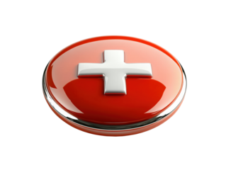 Red button with white cross on white background, sleek and symbolic.