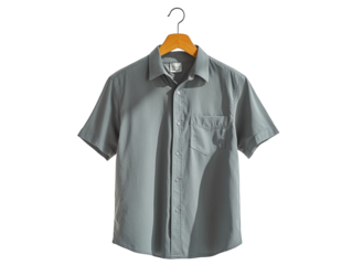 Gray short-sleeve shirt on white background, casual and modern.