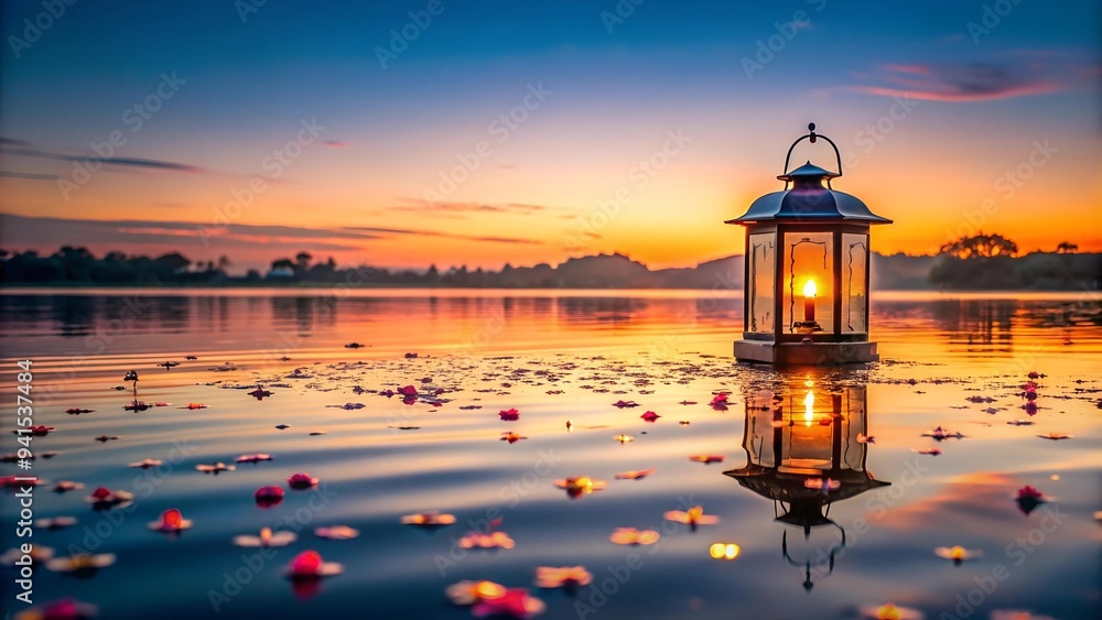 Poster a glowing lantern floating on water at sunset, surrounded by petals and reflections, creating a sere
