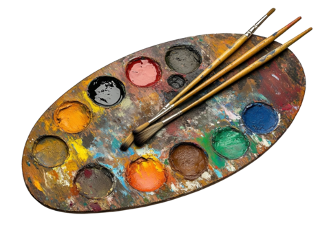Artist palettes with paint and brushes on white background, colorful and creative.