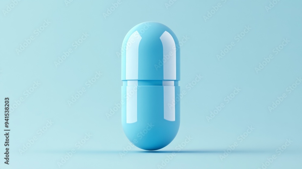 Poster a 3d simple style icon of a round blue vitamin pill with a smooth surface and gentle shadow isolated