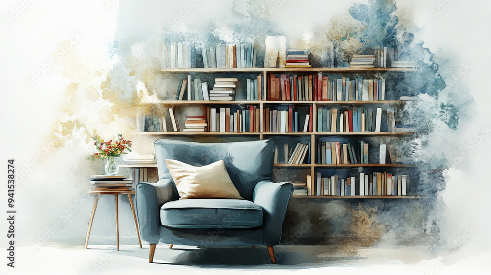 Poster a red chair sits in front of a bookshelf filled with books. the room has a cozy and inviting atmosph