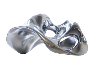 Abstract metallic sculpture on white background, reflective and fluid.