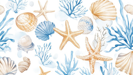 Coastal Watercolor: Sand Dollar, Starfish, and Shells on White