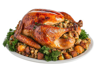 Roast turkey with stuffing and garnishes, isolated on white background, holiday meal PNG transparent.