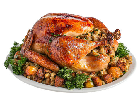 Roast turkey with stuffing and garnishes, isolated on white background, holiday meal PNG transparent.