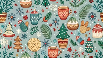 Cozy Winter Wonderland: A Whimsical Doodle Pattern with Snowflakes, Pine Trees, and Cozy Accessories  Generative AI