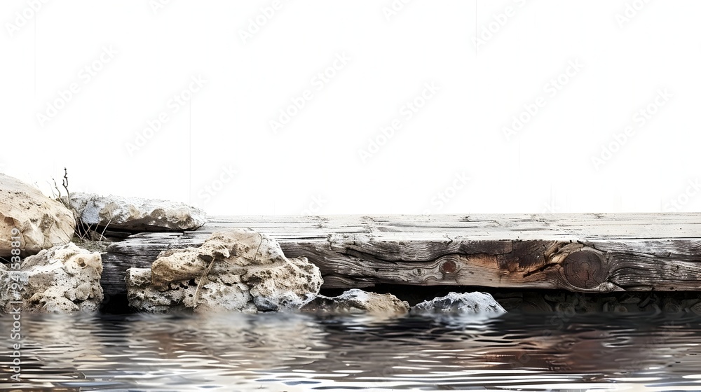 Poster rustic wood slab table beside natural pool with stone elements for tranquil product display