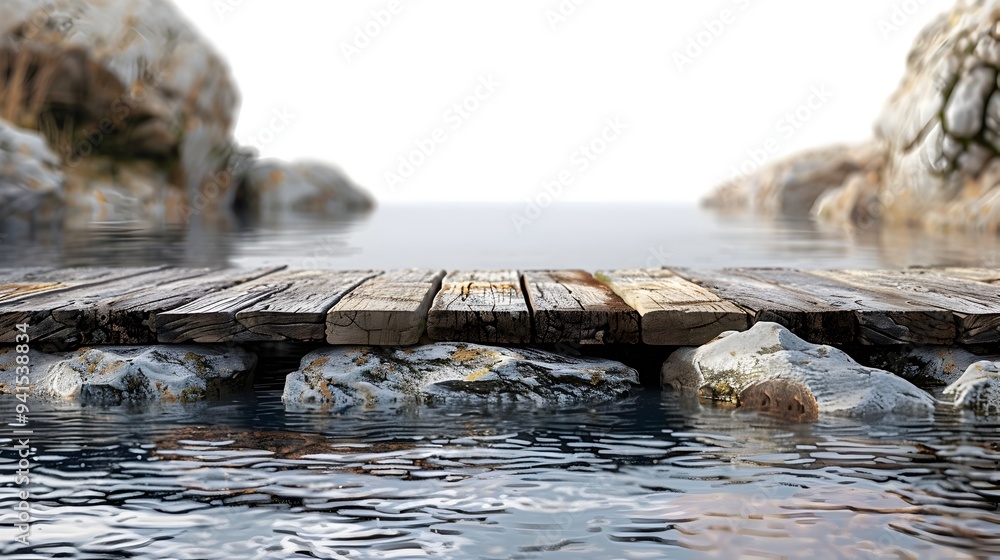 Poster rustic wood slab table beside natural pool with stone features for product display