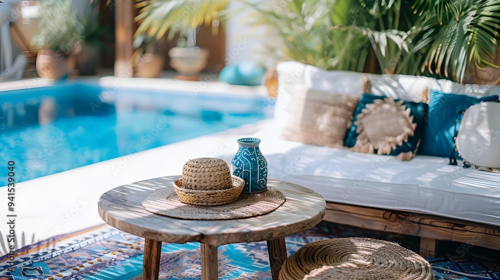 Poster stylish bohemian table by colorful pool with eclectic decor ready for boho chic product display