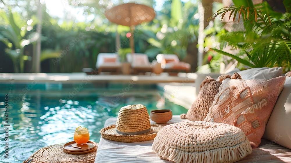 Poster stylish bohemian table by colorful pool with eclectic decor for boho chic product displays