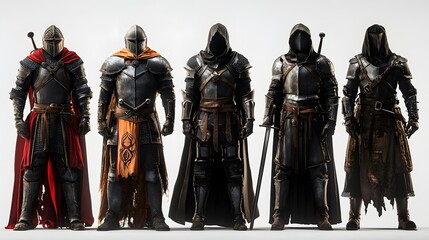 Naklejka premium Five Knights in Full Armor Medieval Warriors Fantasy Characters Isolated on White Background