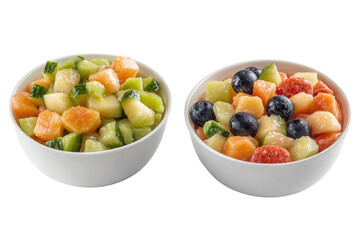 Mixed fruit salad in a white bowl on a white background. PNG transparent.