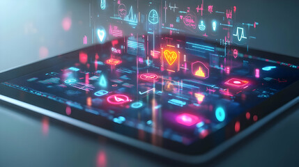 3D Icon as Tablet displaying holographic health icons with copy space for Sharad Purnima concept as Camera movement Pan across the tablet displaying glowing holographic health icons. Scene Isolated wh