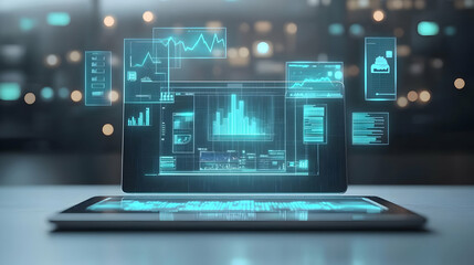 3D Icon as Tablet with holographic AI and financial icons concept as Camera movement Slide across the tablet screen with a focus on glowing holographic AI and financial icons. Scene A minimalist desk 