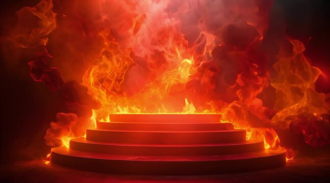 A platform in flames for product demonstrations, dynamic presentation, visual background of the stage.
