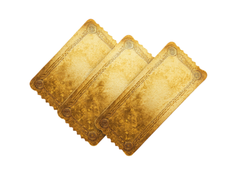 Three golden tickets isolated on a white background. PNG transparent. - Powered by Adobe
