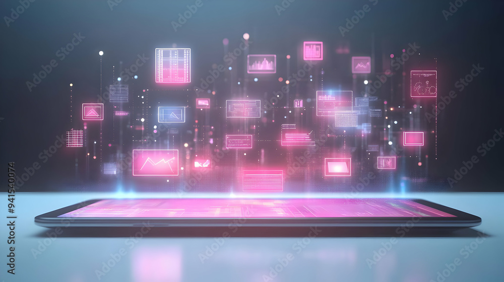 Poster 3D Icon as Tablet with holographic AI business tracker and travel icons concept as Camera movement Slide across the tablet screen with a focus on glowing holographic AI business tracker and travel ico