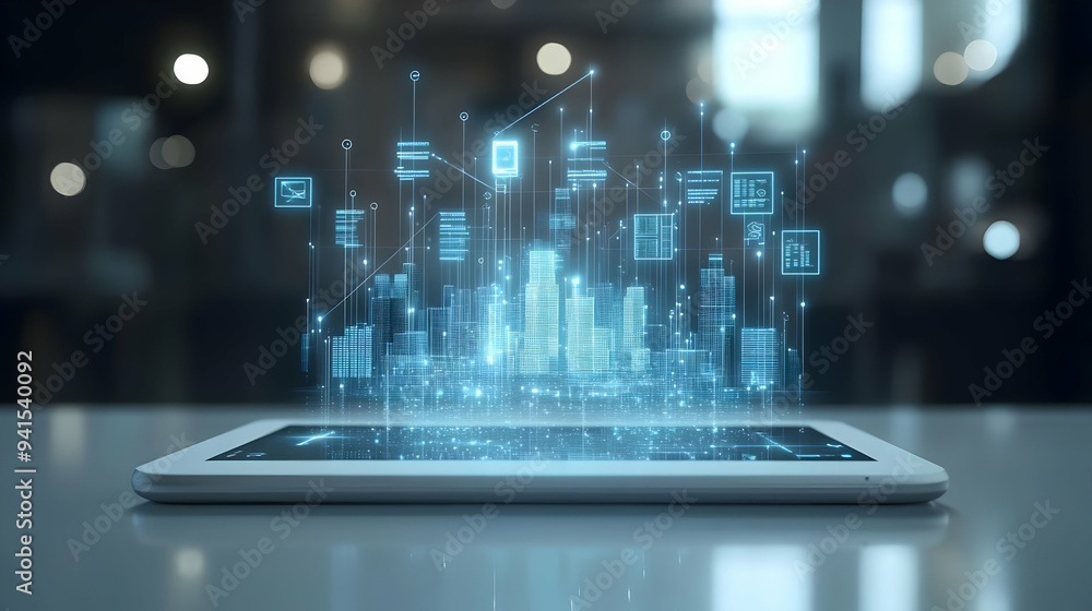 Poster 3D Icon as Tablet with holographic AI business tracker and travel icons concept as Camera movement Slide across the tablet screen with a focus on glowing holographic AI business tracker and travel ico