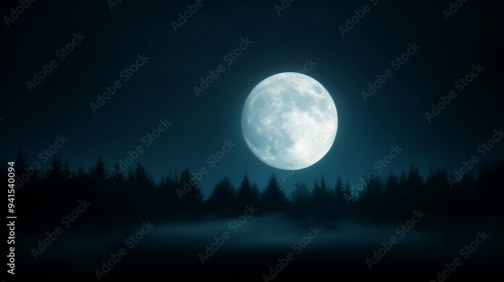 Wall mural halloween full moon shining over dark forest with silhouettes of gnarled trees and mist rising from 